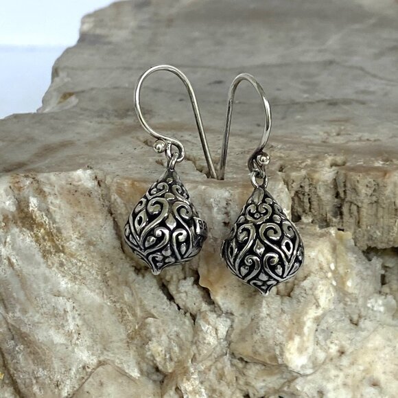 Sterling Silver ATI 925 Bali Style Scrollwork Hollow Teardrop Dangle Earrings - Picture 4 of 16